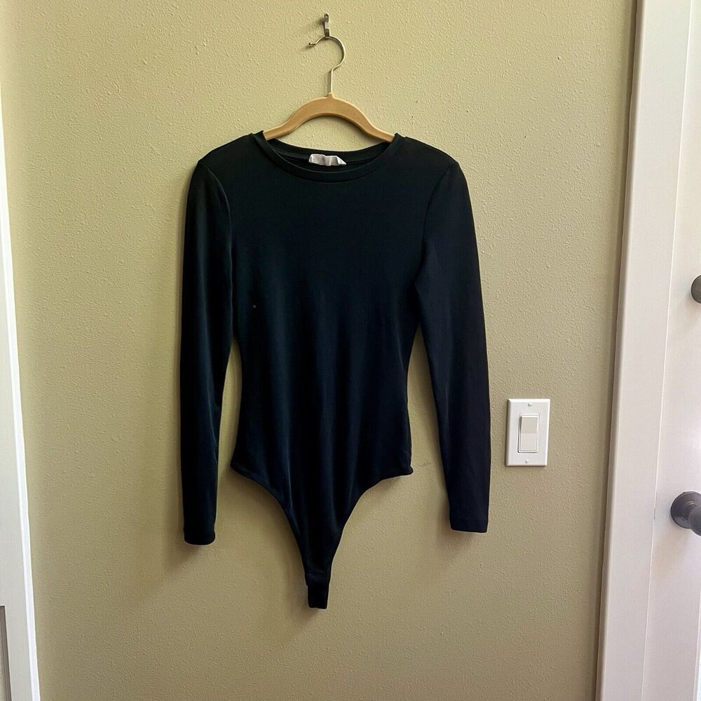 Elodie Black Long Sleeve Bodysuit Ribbed Knit Sz M